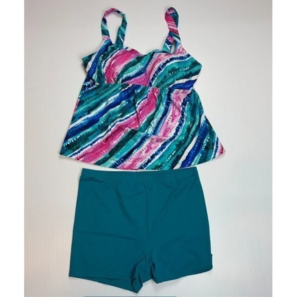 Kim Gravel x Swimsuits For All 2PC Tankini 12 Abstract Stripe‎ Swim Shorts Retro